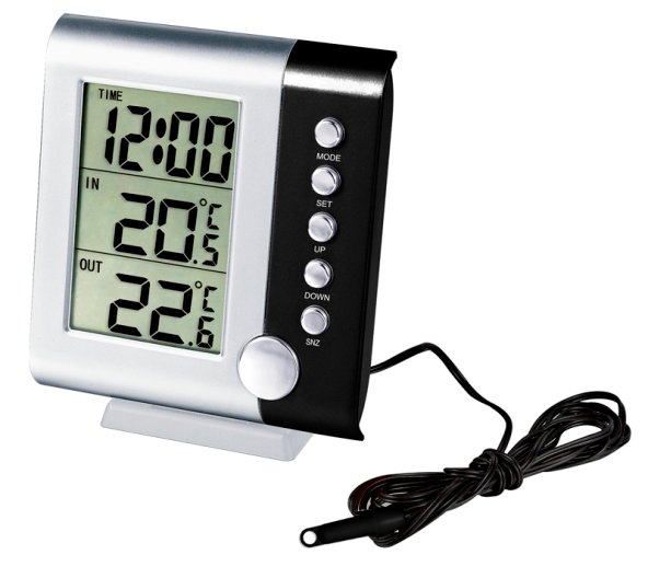 Digitermomeeter LATE, sise/välis + kell ja kuupäev, kaabel 1,8m
