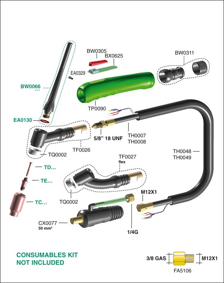 TIG põleti Ergotig 26, 8m painduv kael