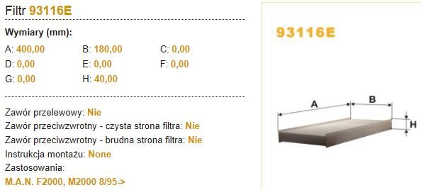 KABIINI FILTER MAN F90, F2000 M2000 400X180X40MM