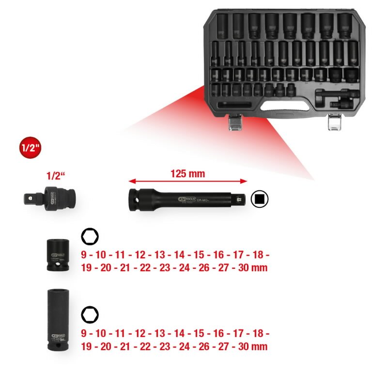 Löökpadrunite komplekt 1/2´´, pikad ja lühikesed 9-30mm 40pcs, KS Tools