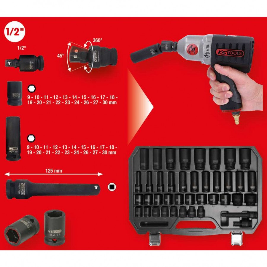 Löökpadrunite komplekt 1/2´´, pikad ja lühikesed 9-30mm 40pcs, KS Tools