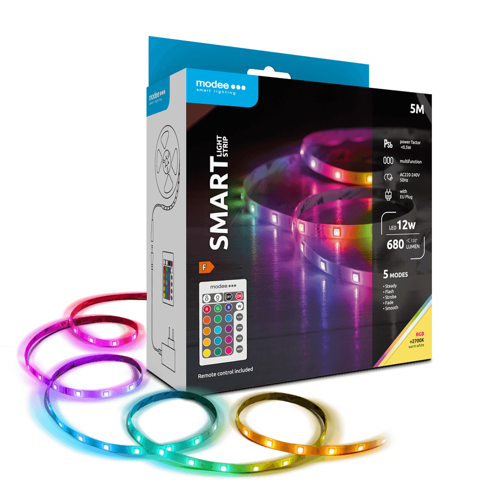 LED-riba MODEE 12W 5m 680lm 230V RGB+2700K (soe valgus), puldiga juhitav