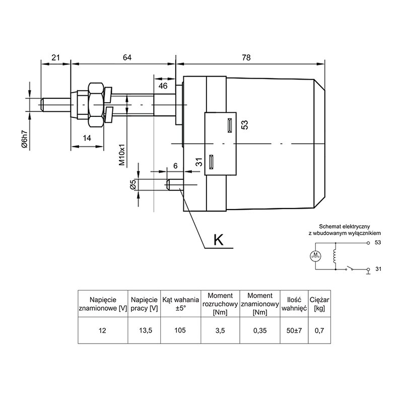 12V kojamehehari MOTOR lühike koos lüliti, 105° nurk, L=63/84MM