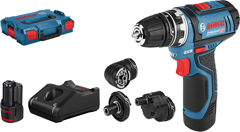 Akutrell Bosch GSR 12V-15 FC koos 4 adapteriga (2x2.0Ah + laadija)