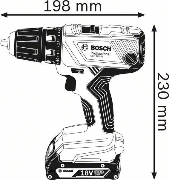 Akutrell-kruvikeeraja Bosch GSR 18V-21 (2x2.0Ah + laadija)