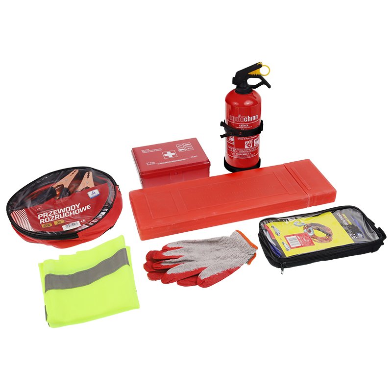 Auto KIT IN A kate: esmaabikomplekt, FIRE EXTINGUISHER, WARNING TRIANGLE, VEST, GLOVES, BOOSTER kaabel, TOW ROPE
