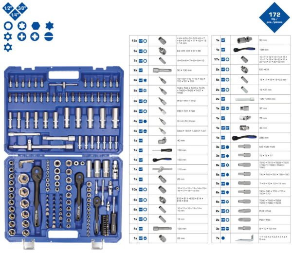 Padrunikomplekt, 1/4``, 3/8``, 1/2``, 172-osa, Brilliant Tools