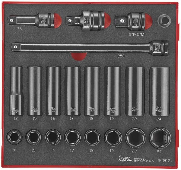 21osaline jõupadrunvõtmete komplekt 1/2'' nelikantkinnitusega. Teng Tools TED 9121