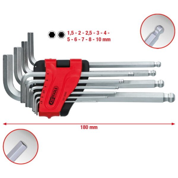 L-Kuuskantvõtmete komplekt, pikk, palliga 1,5-10mm, 10 osa, KS Tools